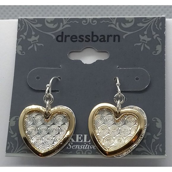 Dressbarn Gold Silver Tone Textured Heart‎ Dangle Drop Layered Wire Earrings - Picture 1 of 5
